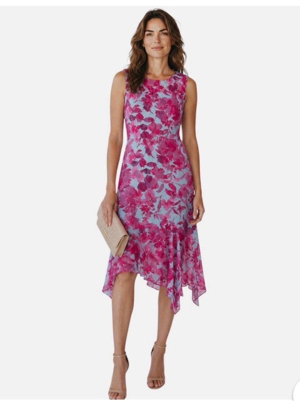 KENSIE Fuchsia Aqua Floral Handkerchief Midi Dress 6 Burnout Party dress